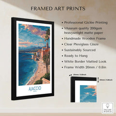 Ajaccio France Coastal Beach Art Print | Corsica Sunset City Poster framed with professional Giclée print features.