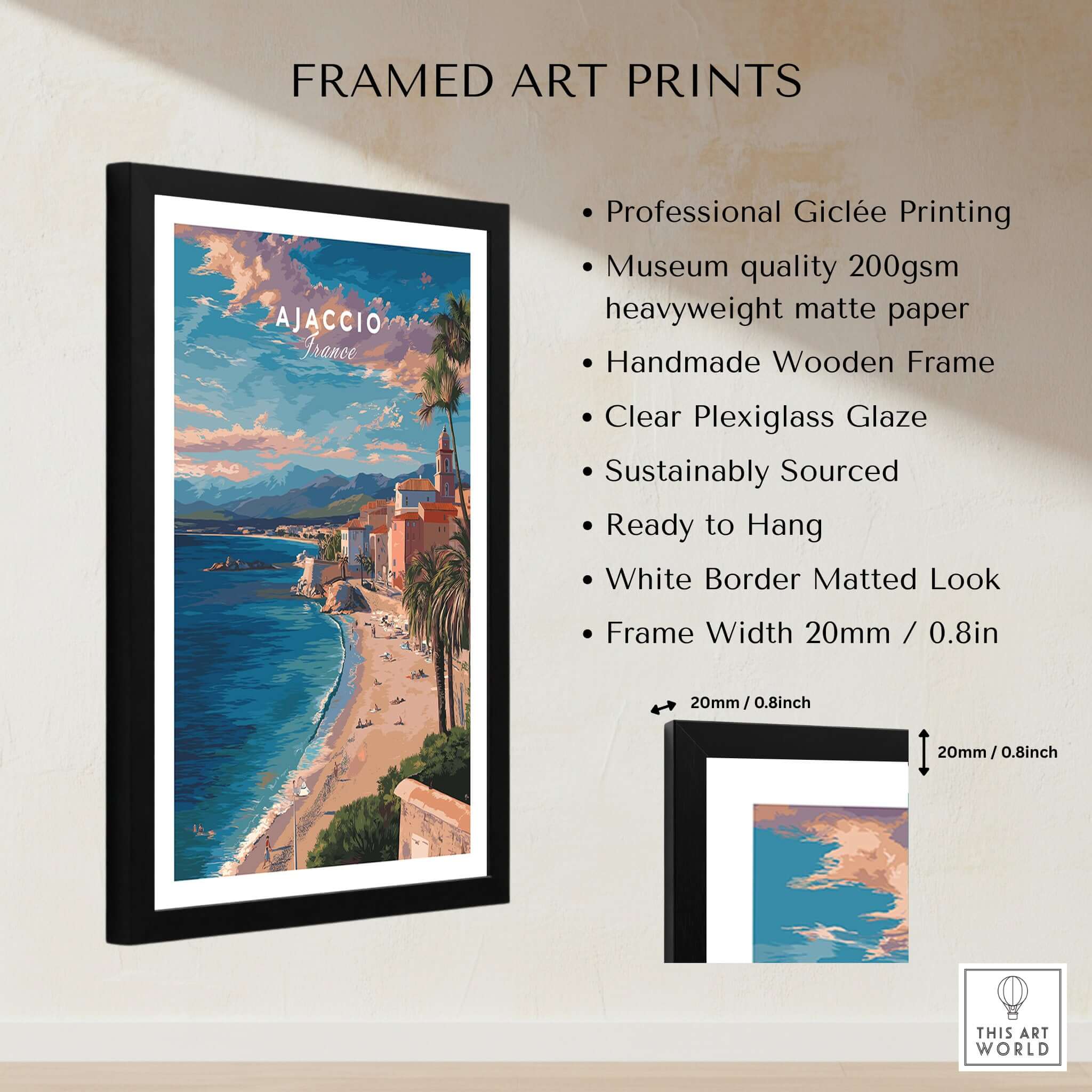 Ajaccio Canvas Print | French Travel Wall Decor showcasing scenic coastal views of Corsica with a stylish black frame.
