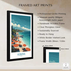 Albania Art Print | Beach Poster featuring a framed artwork of the Albanian coastline with vibrant colors and serene beach scene.