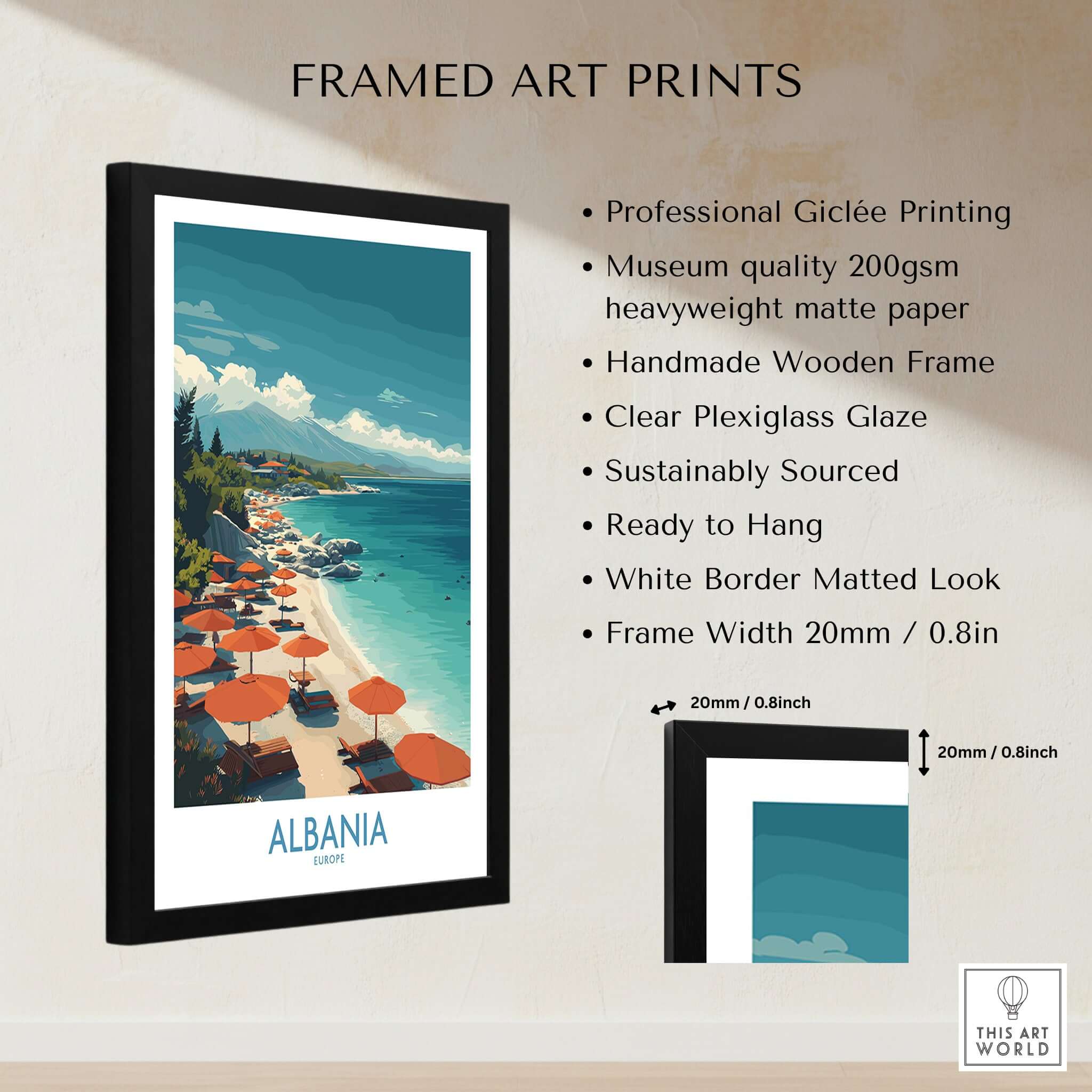 Albania Art Print | Beach Poster featuring a framed artwork of the Albanian coastline with vibrant colors and serene beach scene.