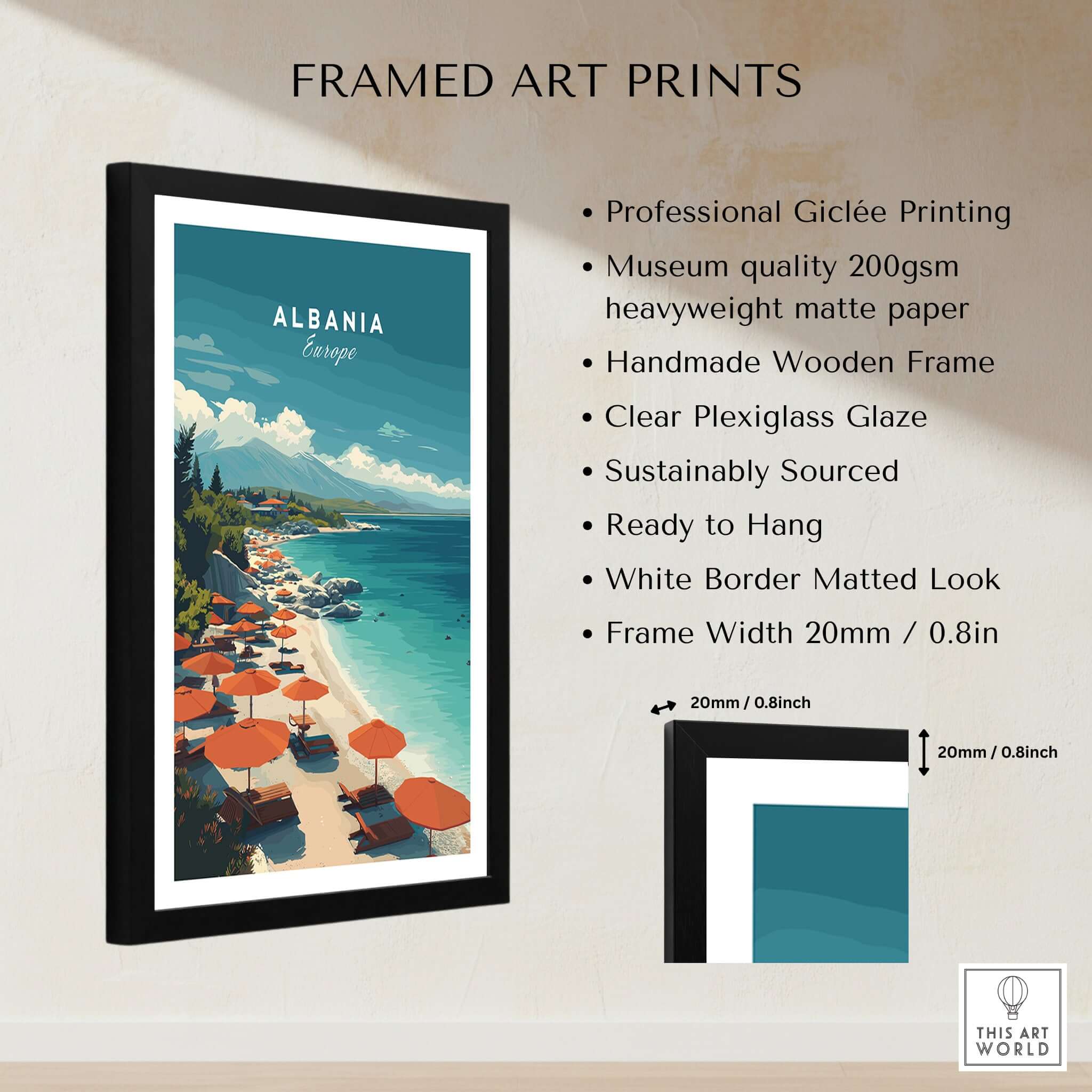 Albania Canvas Print | Balkan Travel Wall Decor featuring a framed beach scene with vibrant colors and a serene coastal view.