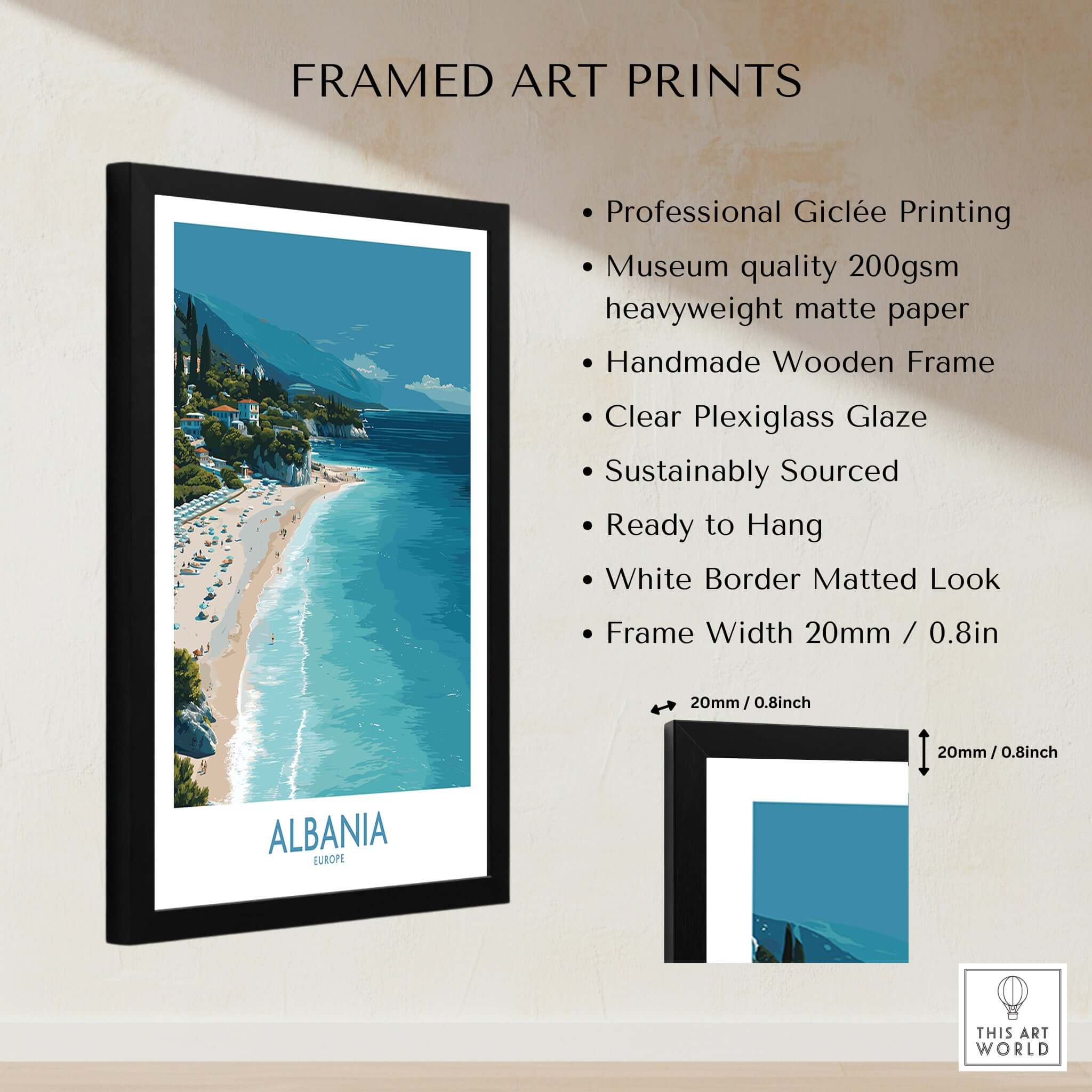 Albania Art Print | Turquoise Water Coastal Wall Decor featuring museum quality printing and handmade wooden frame.