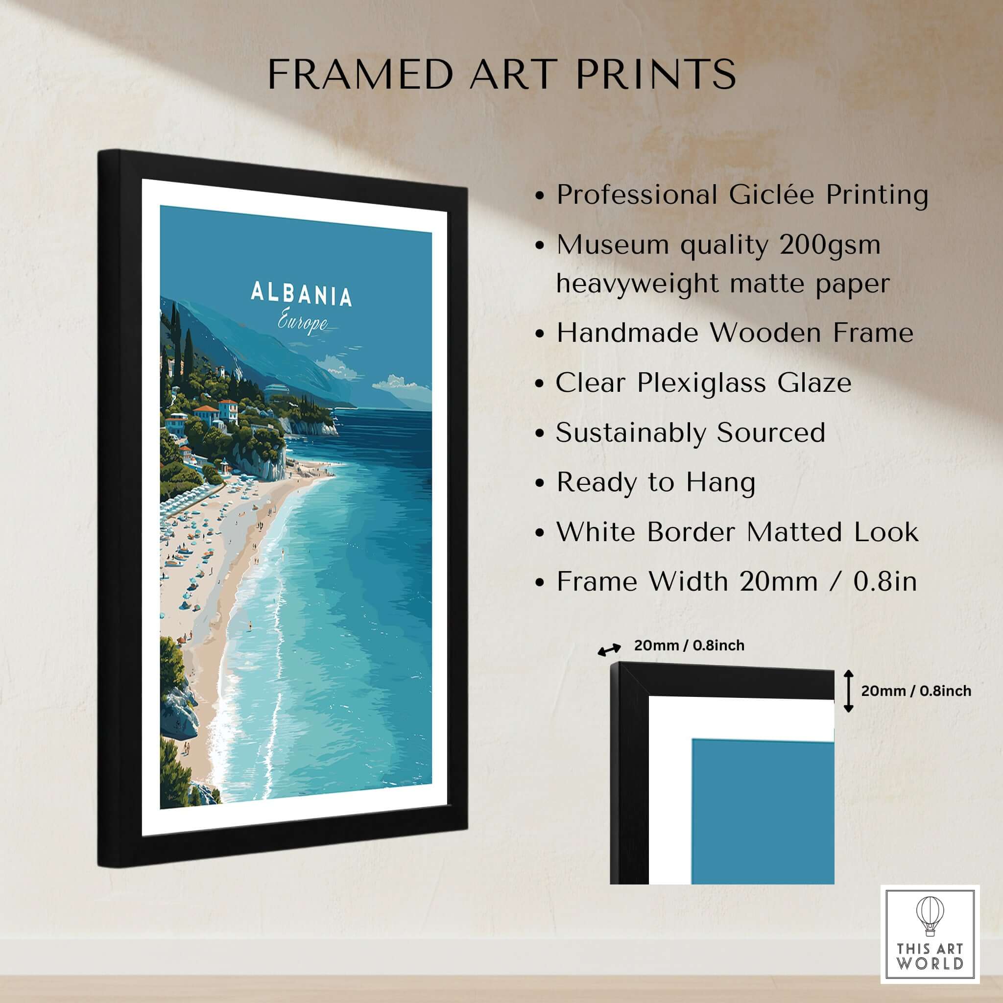 Albania Canvas Print | Balkan Travel Poster framed art print featuring a picturesque beach scene.