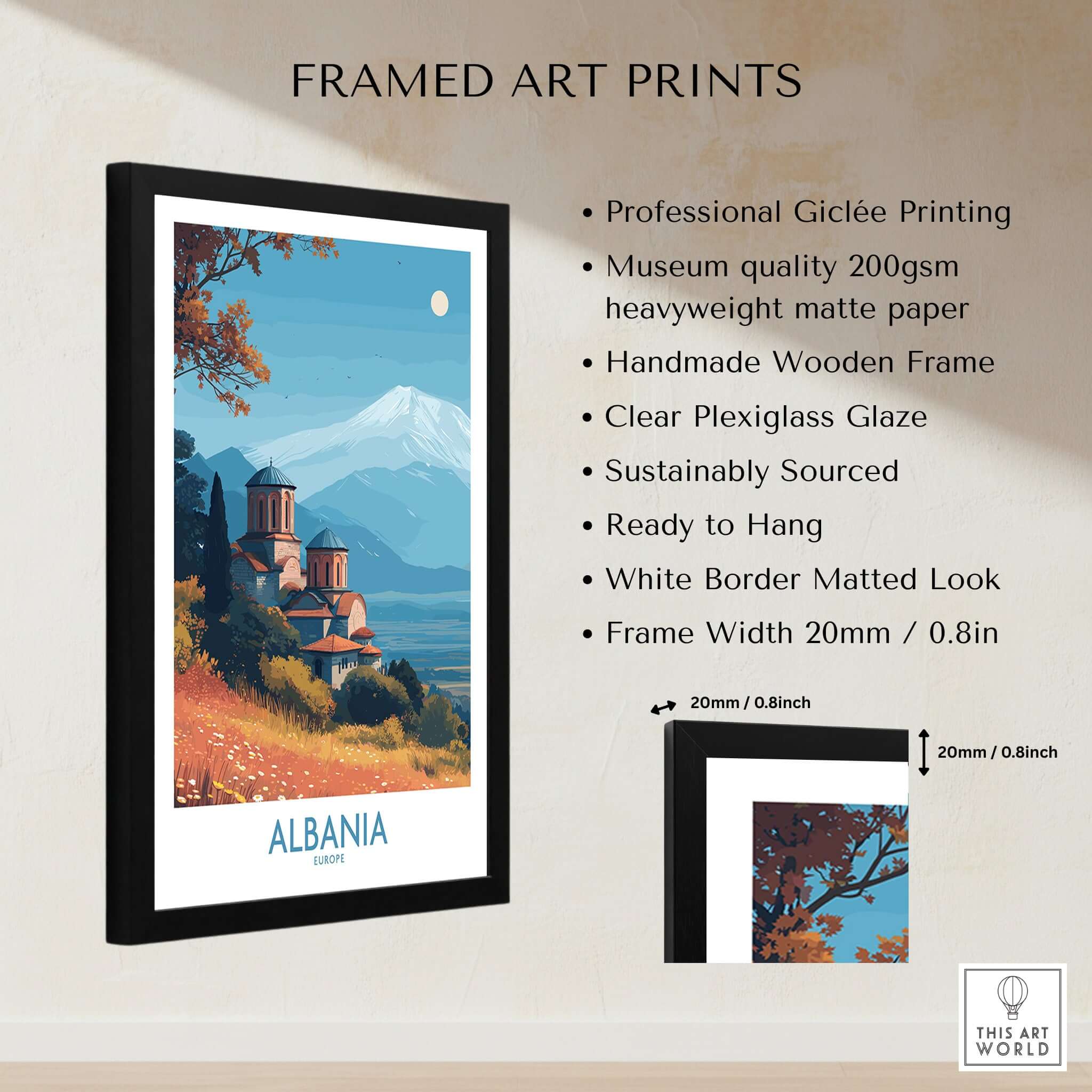 Albania Snow Mountain Church Art Print | Historic Monastery Landscape Poster displayed in a stylish framed setup.