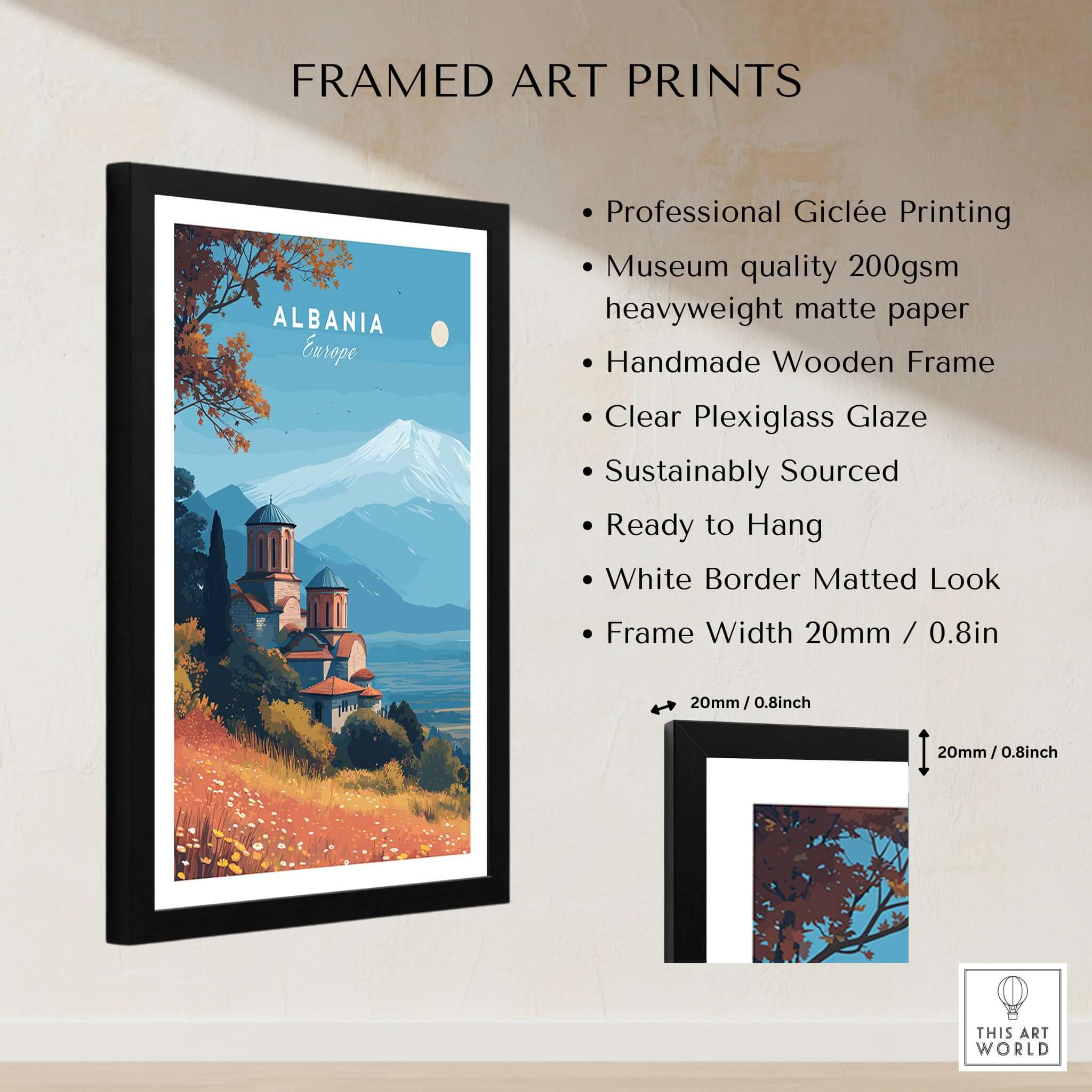 Albania Canvas Print | Framed and Unframed Travel Wall Decor featuring monastery and mountain landscapes.