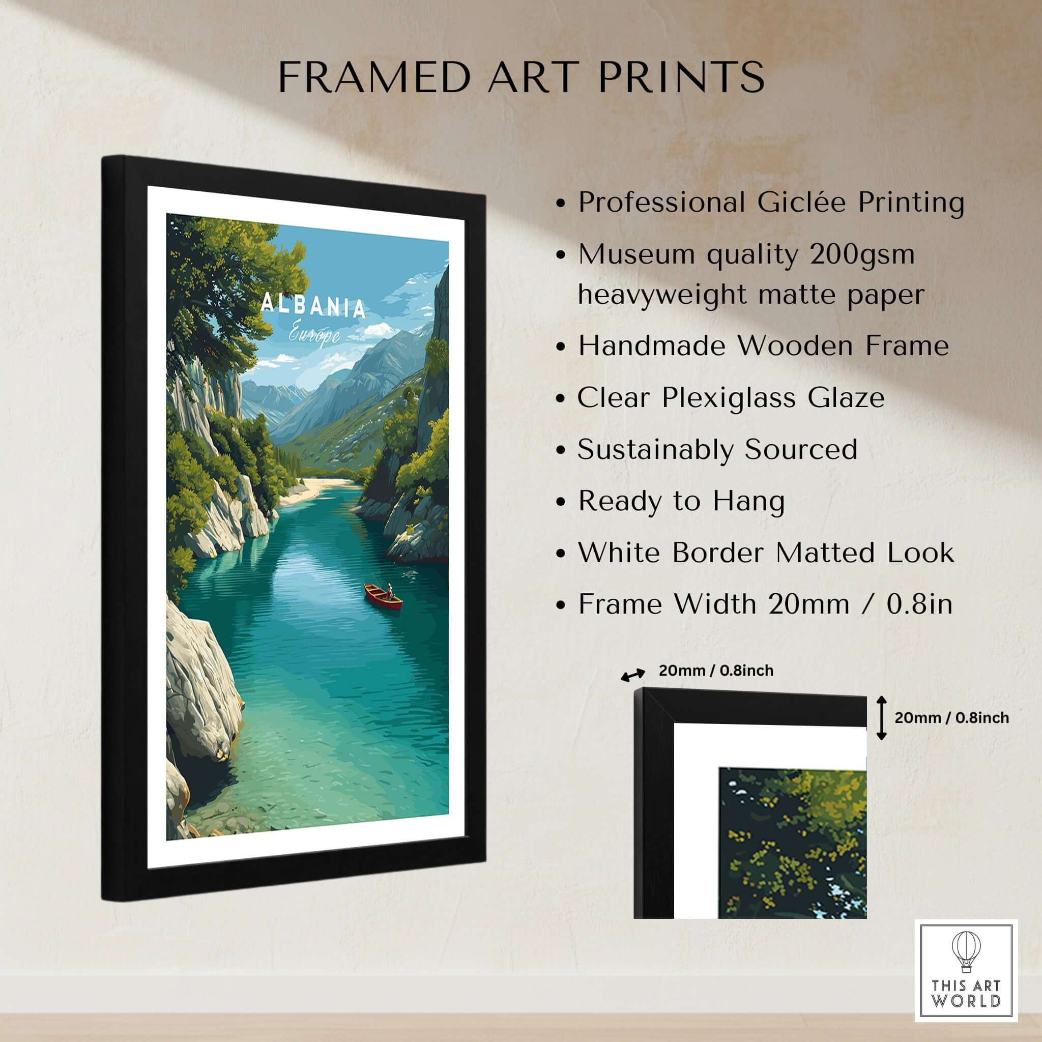 Albania Canvas Art Print showcasing stunning mountain landscapes framed with a wooden edge for home decor.