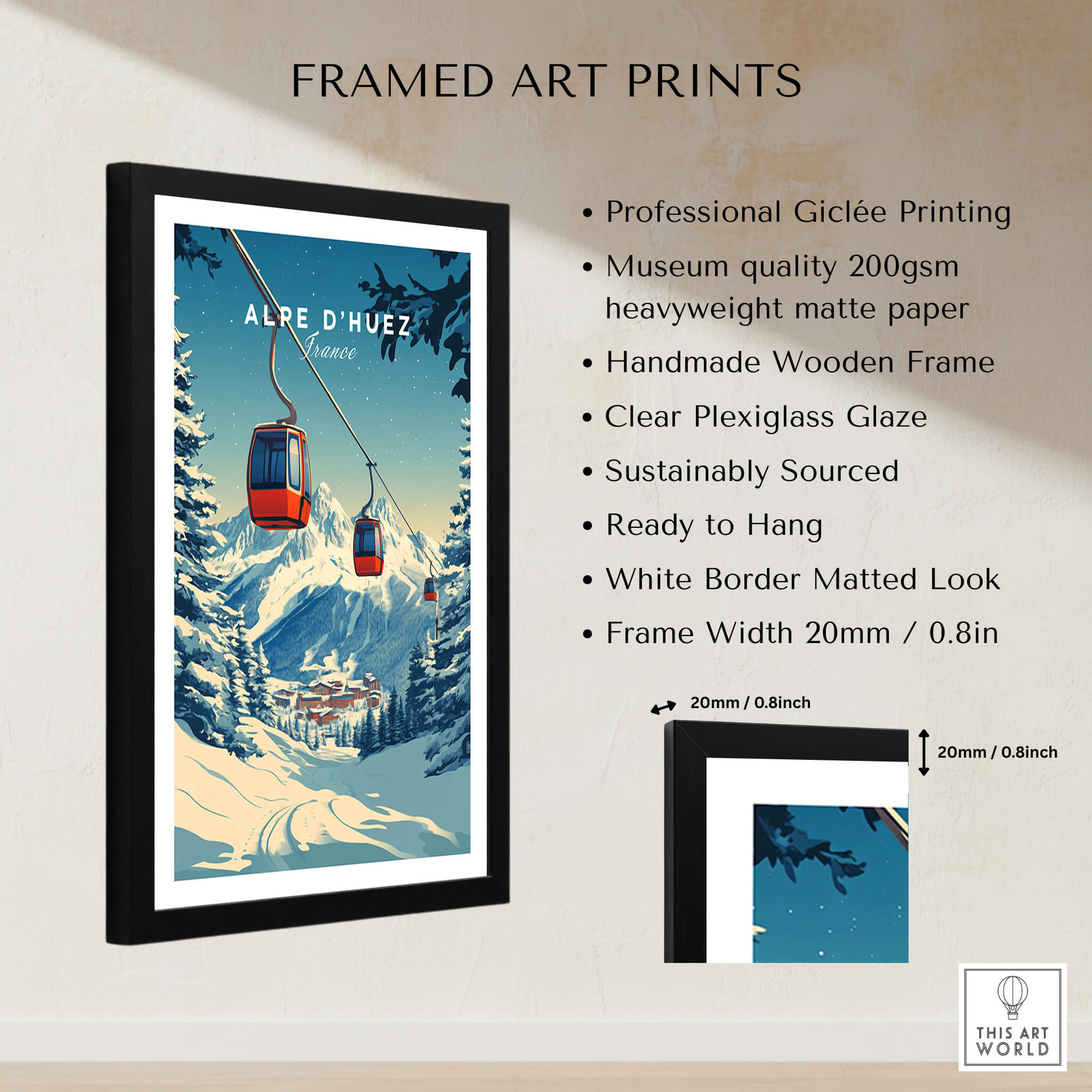 Alpe d'Huez Print France framed art print featuring a stunning mountain landscape with ski gondolas.