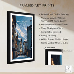 Andermatt Travel Poster – Swiss Alps Winter Village and Chalet Print framed art print with professional giclée quality