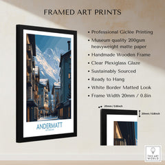 Andermatt Switzerland Wall Art Print featuring framed mountain village scene with professional Giclée printing.