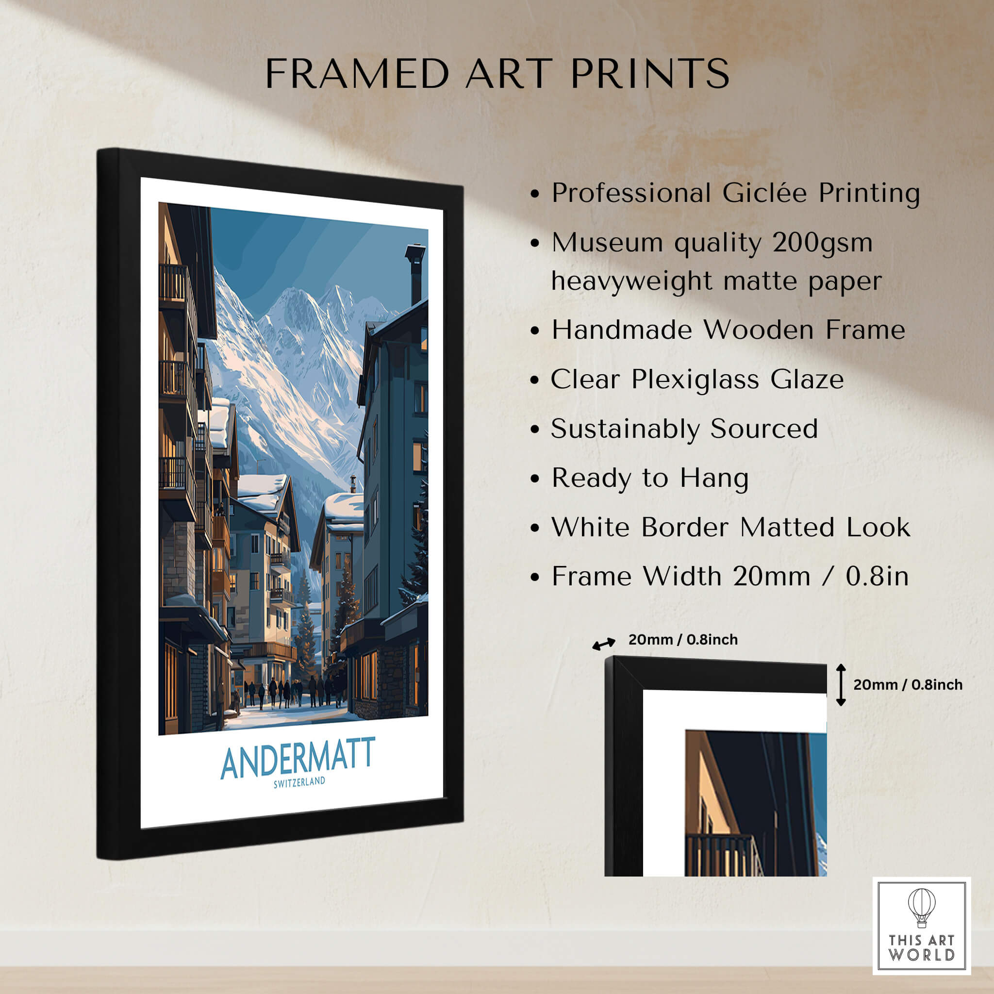 Andermatt Switzerland Wall Art Print featuring framed mountain village scene with professional Giclée printing.