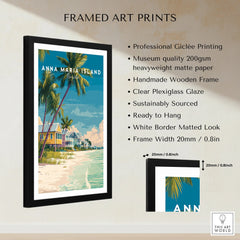 Framed Anna Maria Island Florida art print with palm trees, beach houses, and product details.