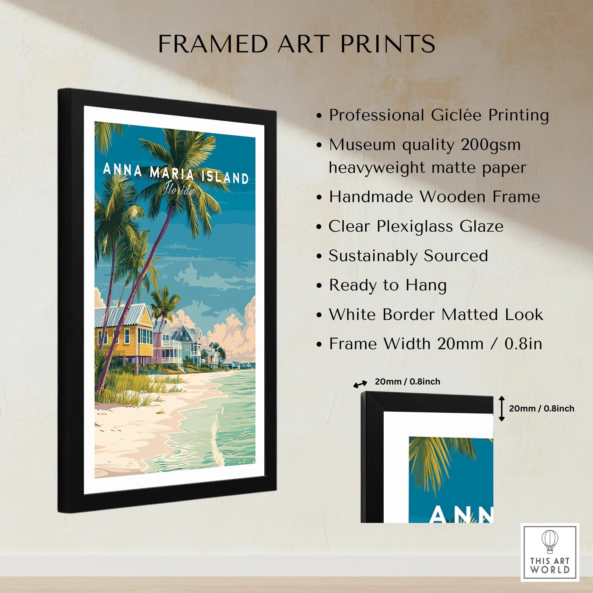 Framed Anna Maria Island Florida art print with palm trees, beach houses, and product details.