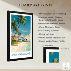 Framed Anna Maria Island Florida art print with palm trees, beach, and colorful houses