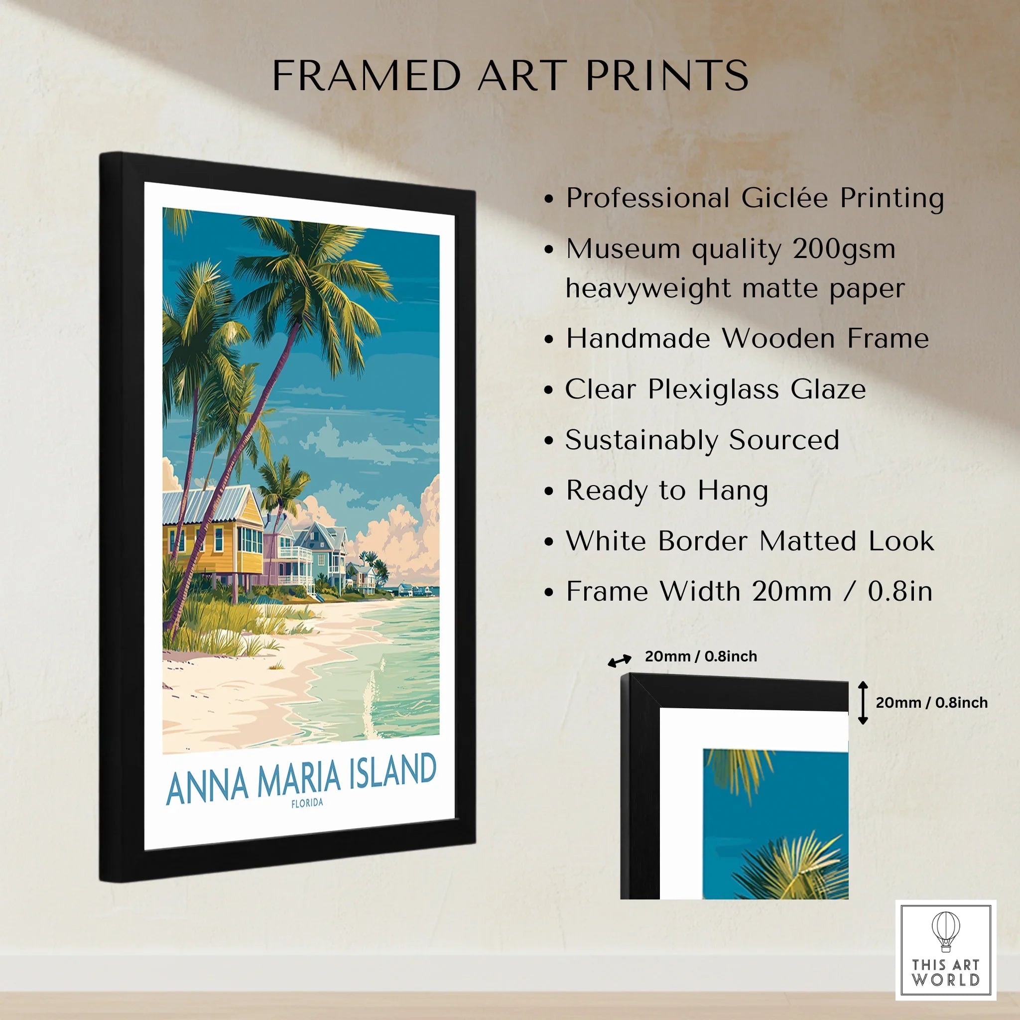 Framed Anna Maria Island Florida art print with palm trees, beach, and colorful houses
