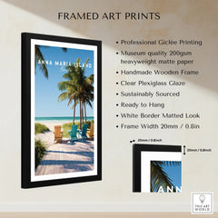 Framed Anna Maria Island Florida beach art print with palm trees and deck chairs, product details listed.