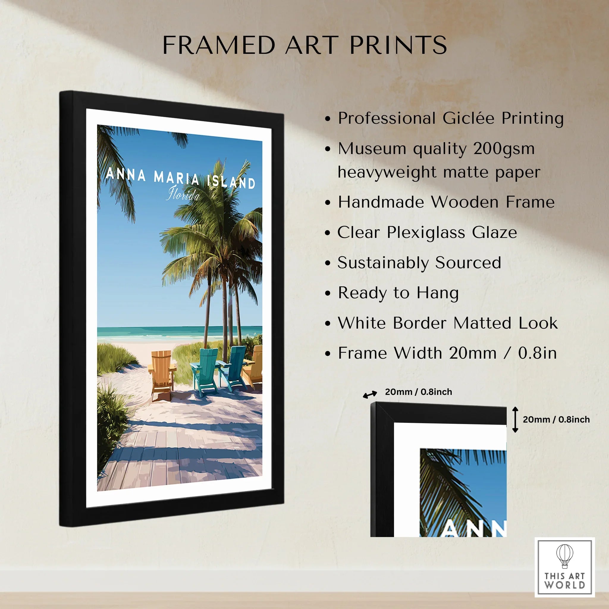 Framed Anna Maria Island Florida beach art print with palm trees and deck chairs, product details listed.