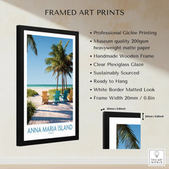 Framed Anna Maria Island Florida beach art print with palm trees and colorful chairs