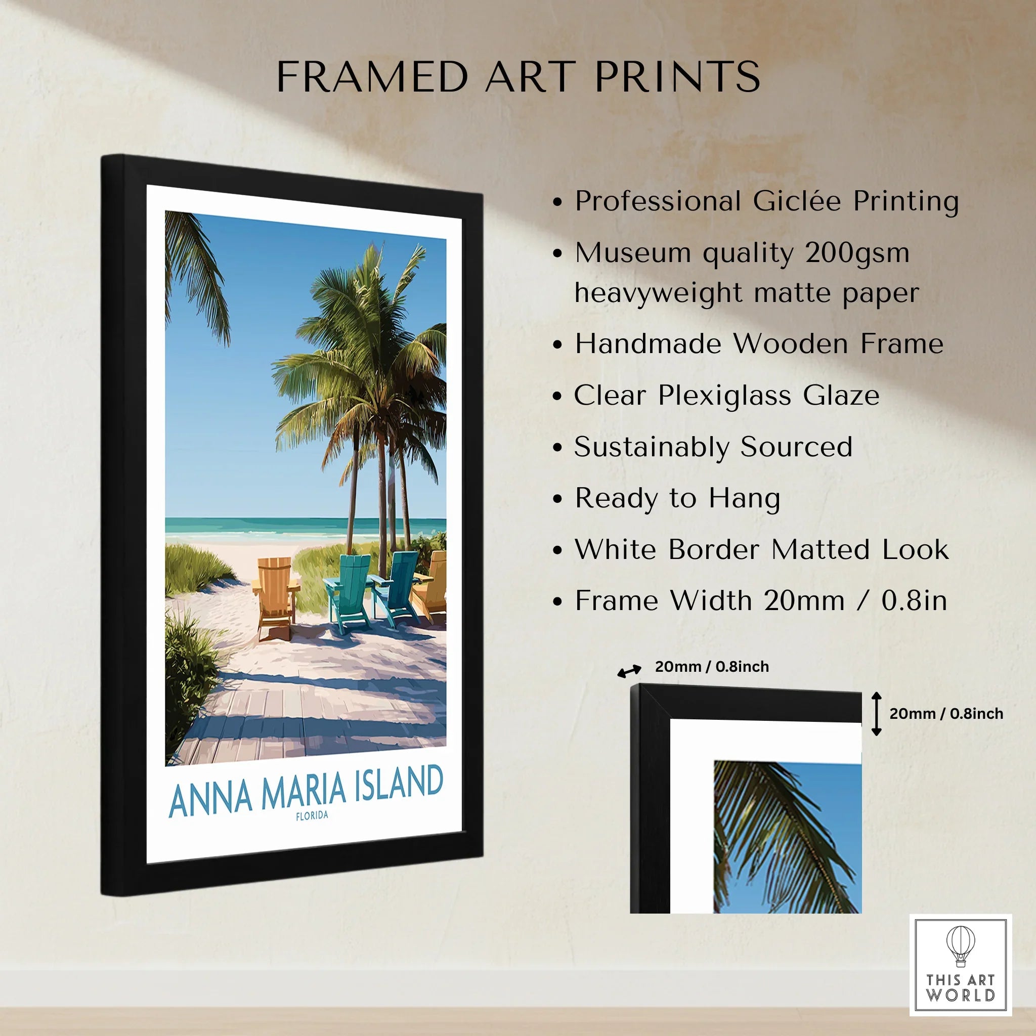 Framed Anna Maria Island Florida beach art print with palm trees and colorful chairs