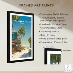 Framed Anna Maria Island Florida travel poster print with palm trees, beach, and ocean, shown with product details and dimensions.