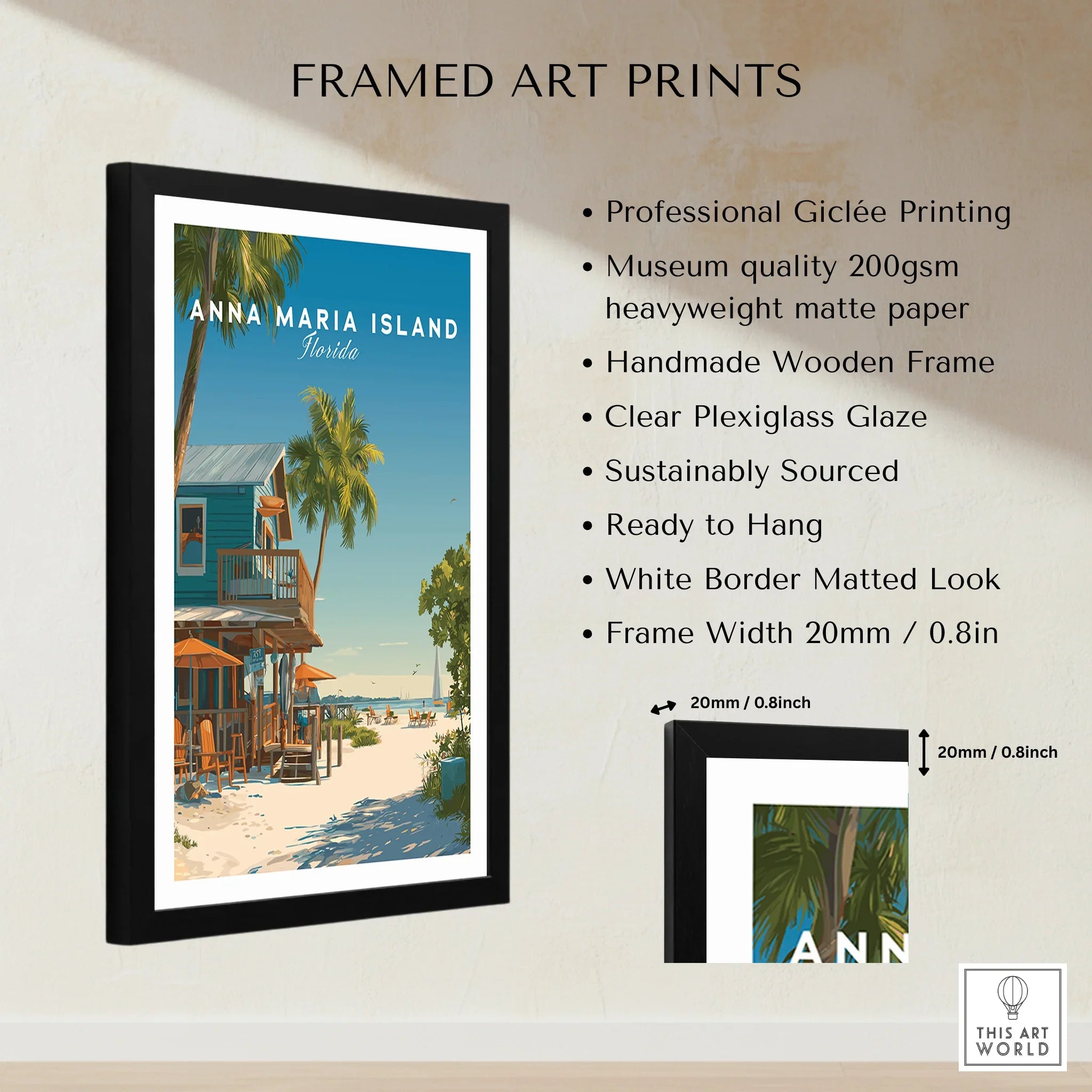 Framed Anna Maria Island Florida travel poster print with palm trees, beach, and ocean, shown with product details and dimensions.