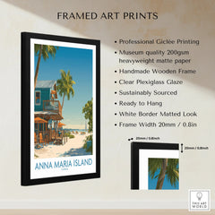 Framed Anna Maria Island art print with beach, palm trees, wooden house, and product details
