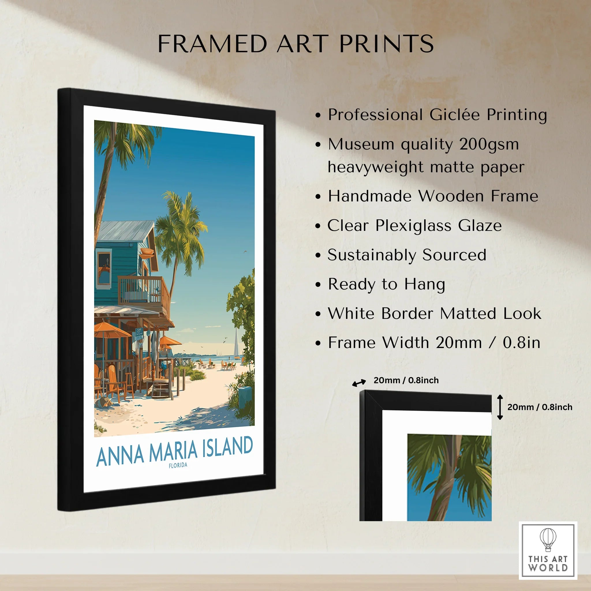 Framed Anna Maria Island art print with beach, palm trees, wooden house, and product details
