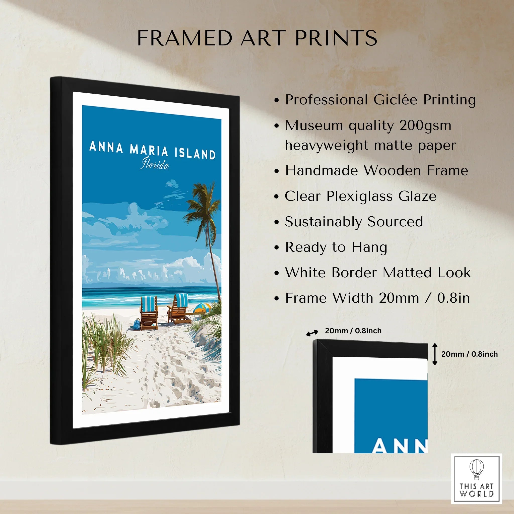 Framed Anna Maria Island Florida beach art print with black frame, feature details.