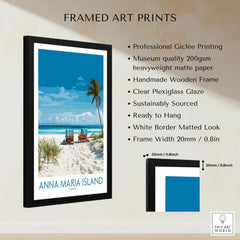 Framed Anna Maria Island Florida beach print with palm trees, shown with product details and measurements.