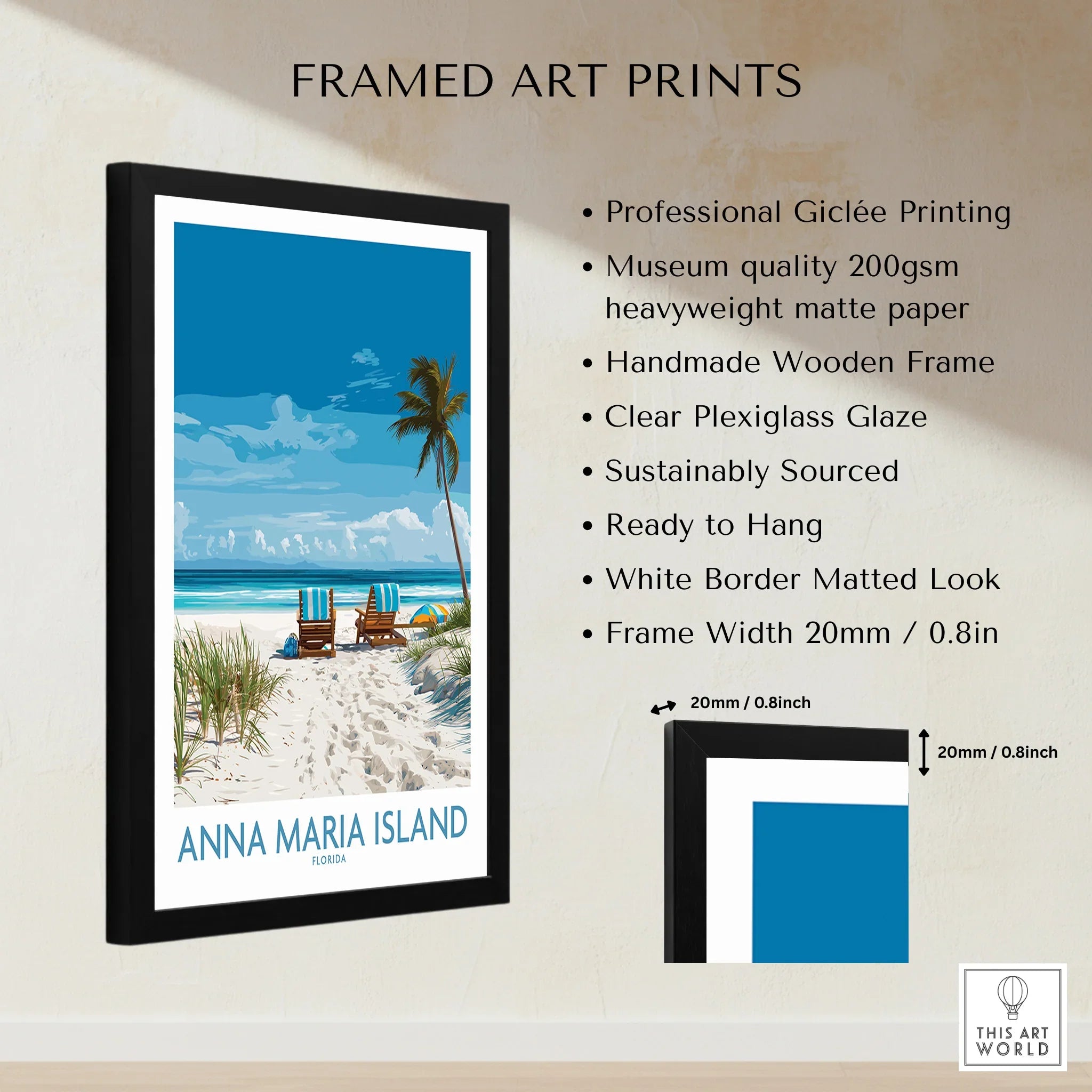 Framed Anna Maria Island Florida beach print with palm trees, shown with product details and measurements.