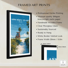 Framed Anna Maria Island Florida art print with beach, lifeguard tower, and palm trees on wall