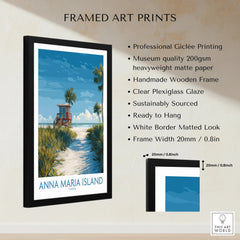 Anna Maria Island framed art print with lifeguard tower, beach path, and palm trees, museum quality, black wooden frame