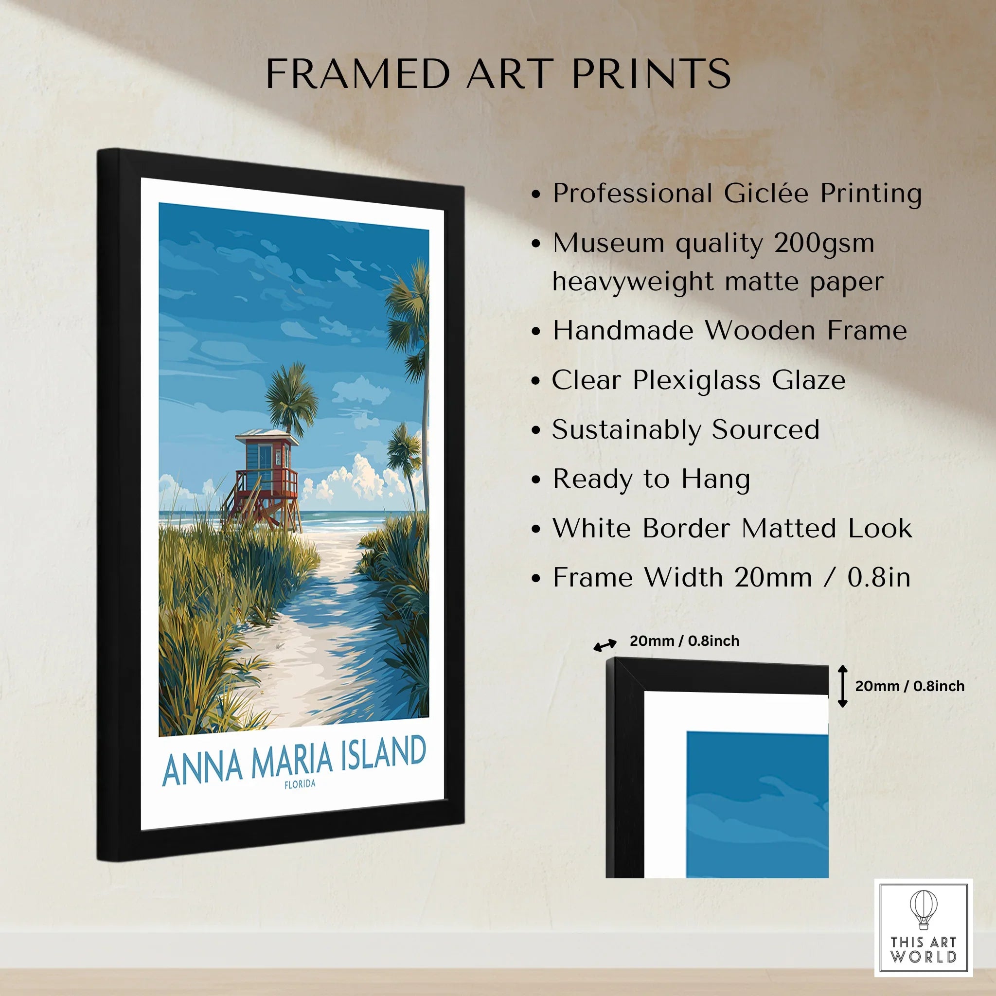 Anna Maria Island framed art print with lifeguard tower, beach path, and palm trees, museum quality, black wooden frame