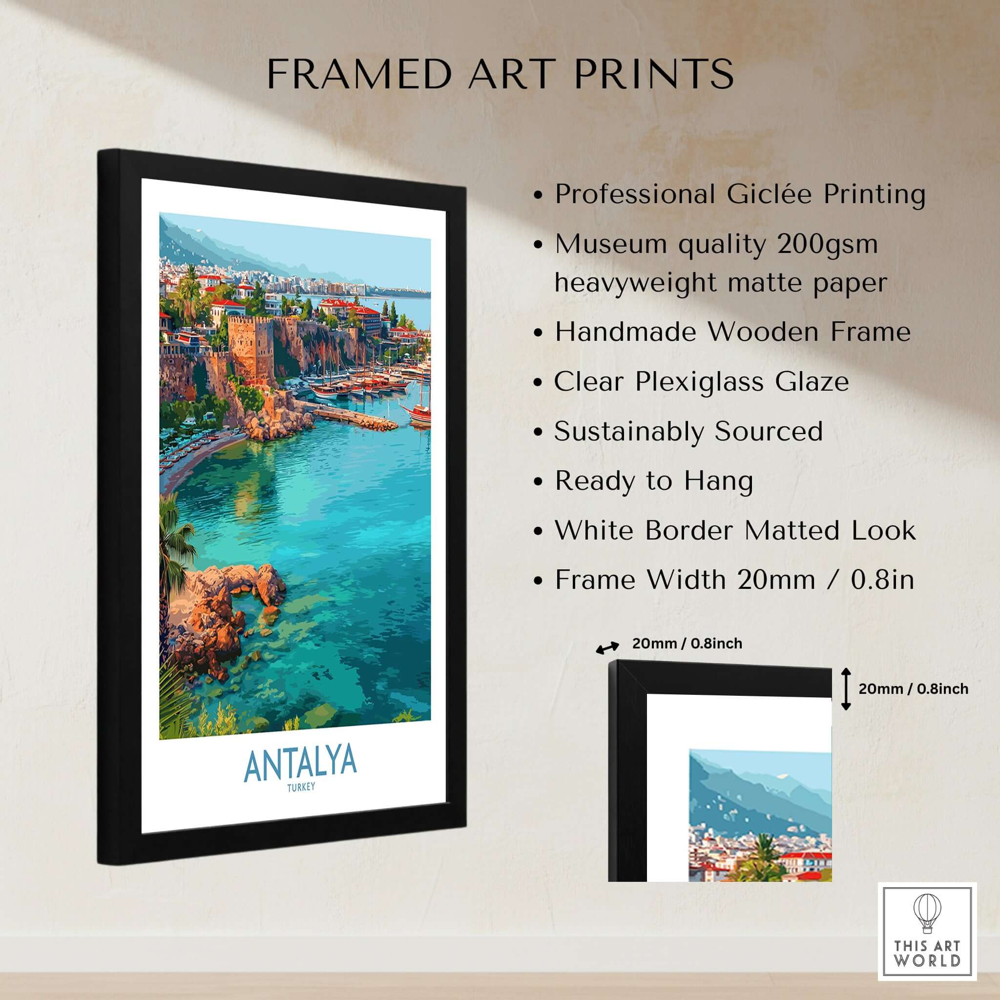 Antalya Turkey Old Harbor Art Print | Mediterranean Bay Travel Poster framed print with giclée quality and handmade frame.