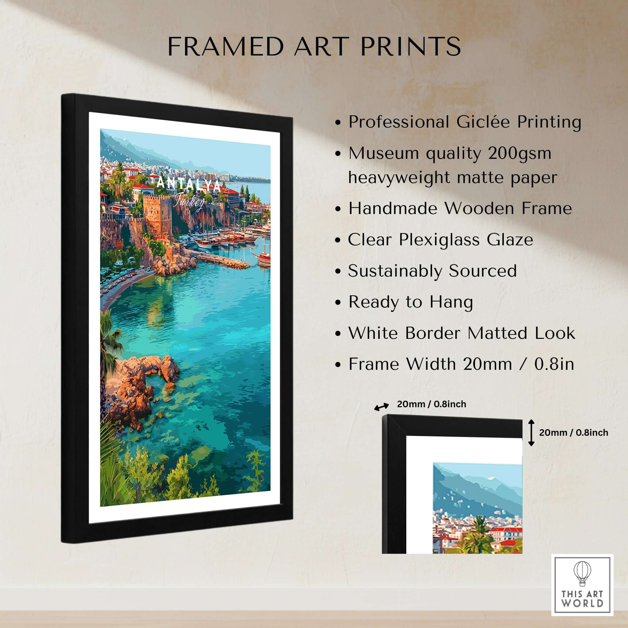 Antalya Marina and Red Tower Canvas Print | Turkish Coastal Wall Decor displayed in a framed art print with vibrant colors.