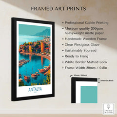Antalya Turkey Kaleci Port Art Print | Historic Red Tower Poster framed with a black wooden frame and clear glass.