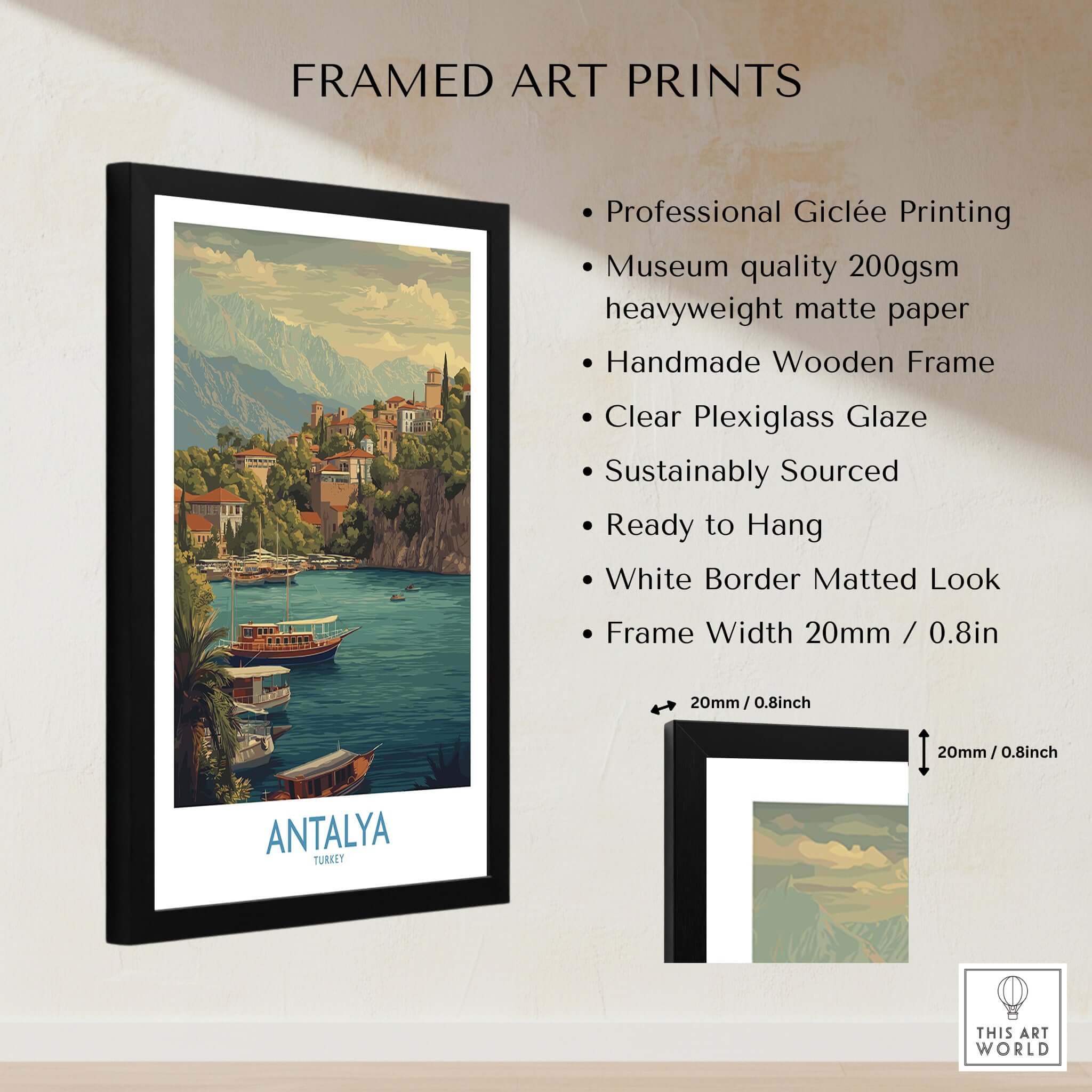 Antalya Turkey Harbour Cliff Art Print | Taurus Mountains View Poster displayed in a modern black frame with description.