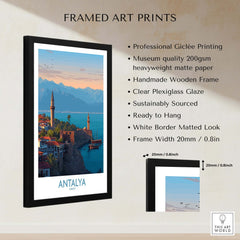 Antalya Turkey Art Print | Historic Coastal City Poster framed in a black wooden frame with a picturesque coastal view.