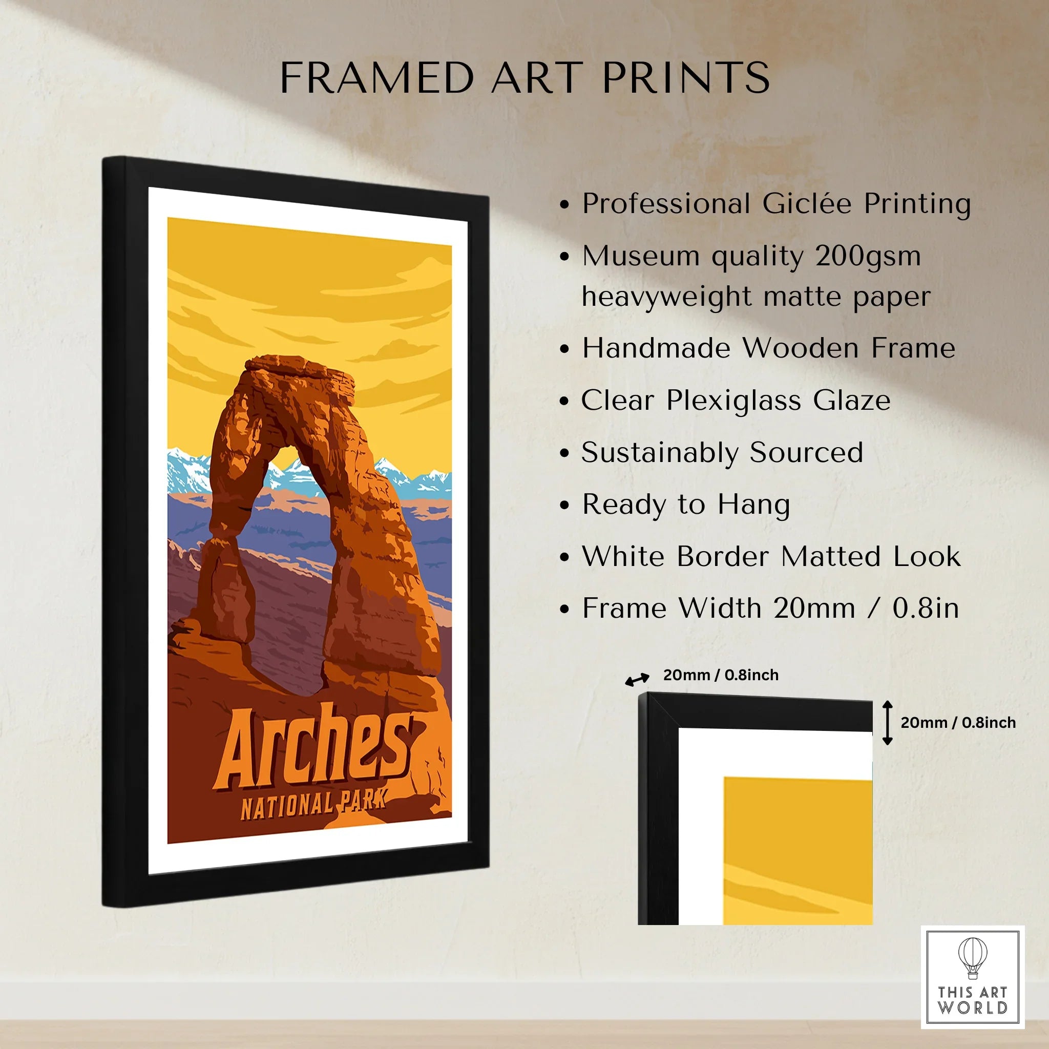 Framed Arches National Park art print with vivid landscape, handmade black frame, matted border.