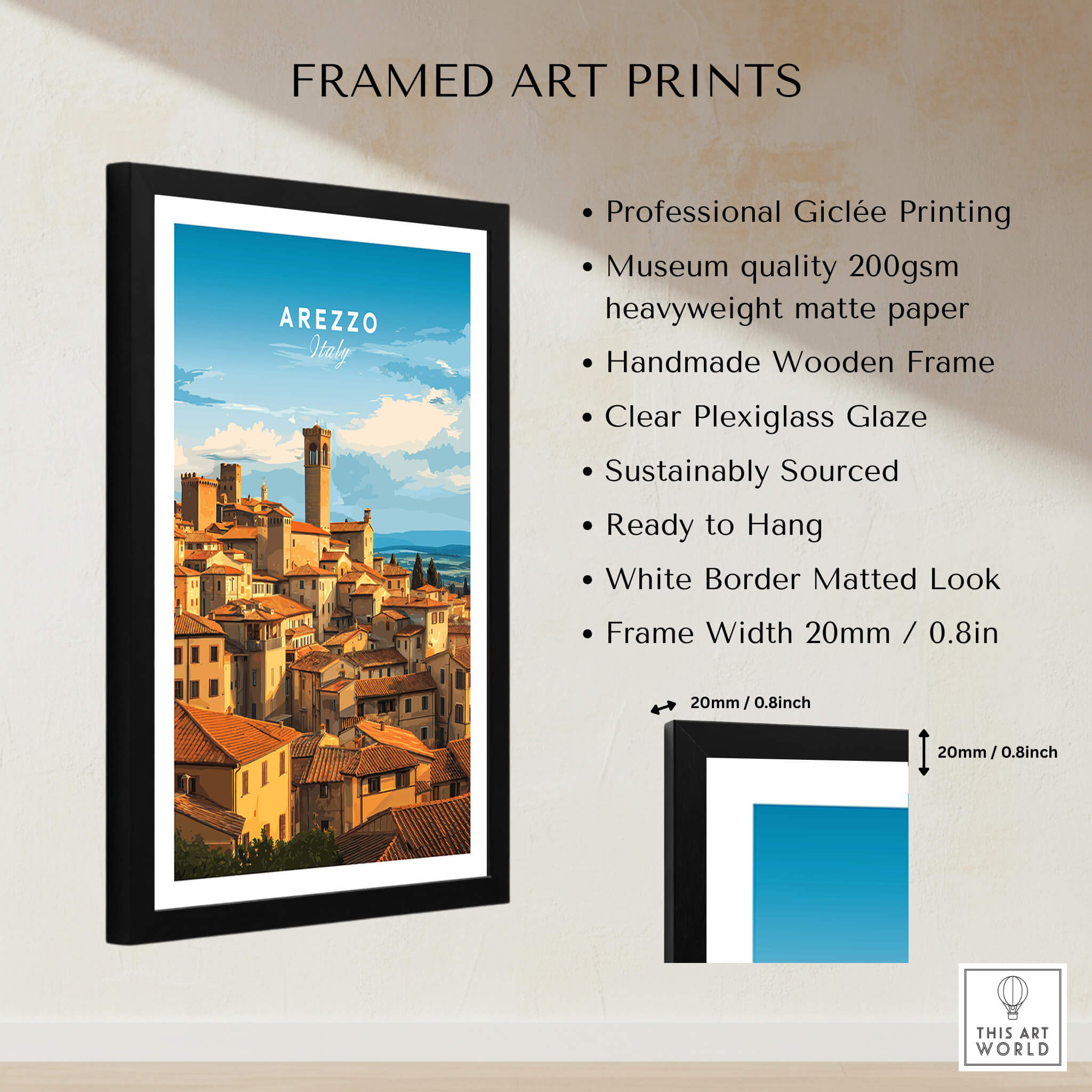 Arezzo Italy Wall Art – Tuscany Village Poster, framed print showcasing terracotta rooftops and medieval architecture.