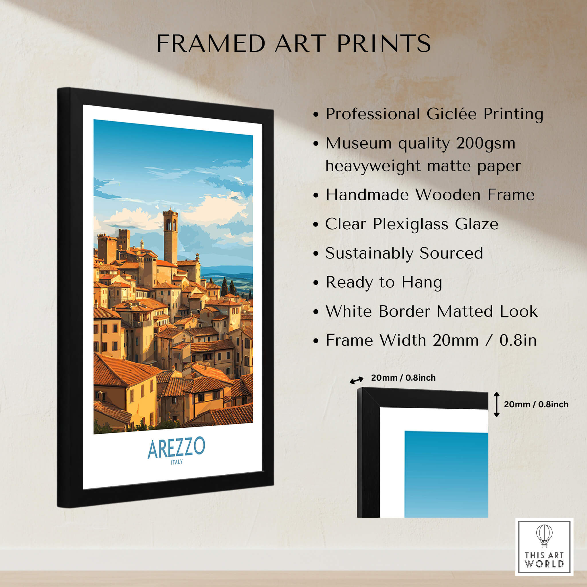 Arezzo Italy Travel Poster - Canvas Print in a sleek frame showcasing Tuscany's architectural beauty.