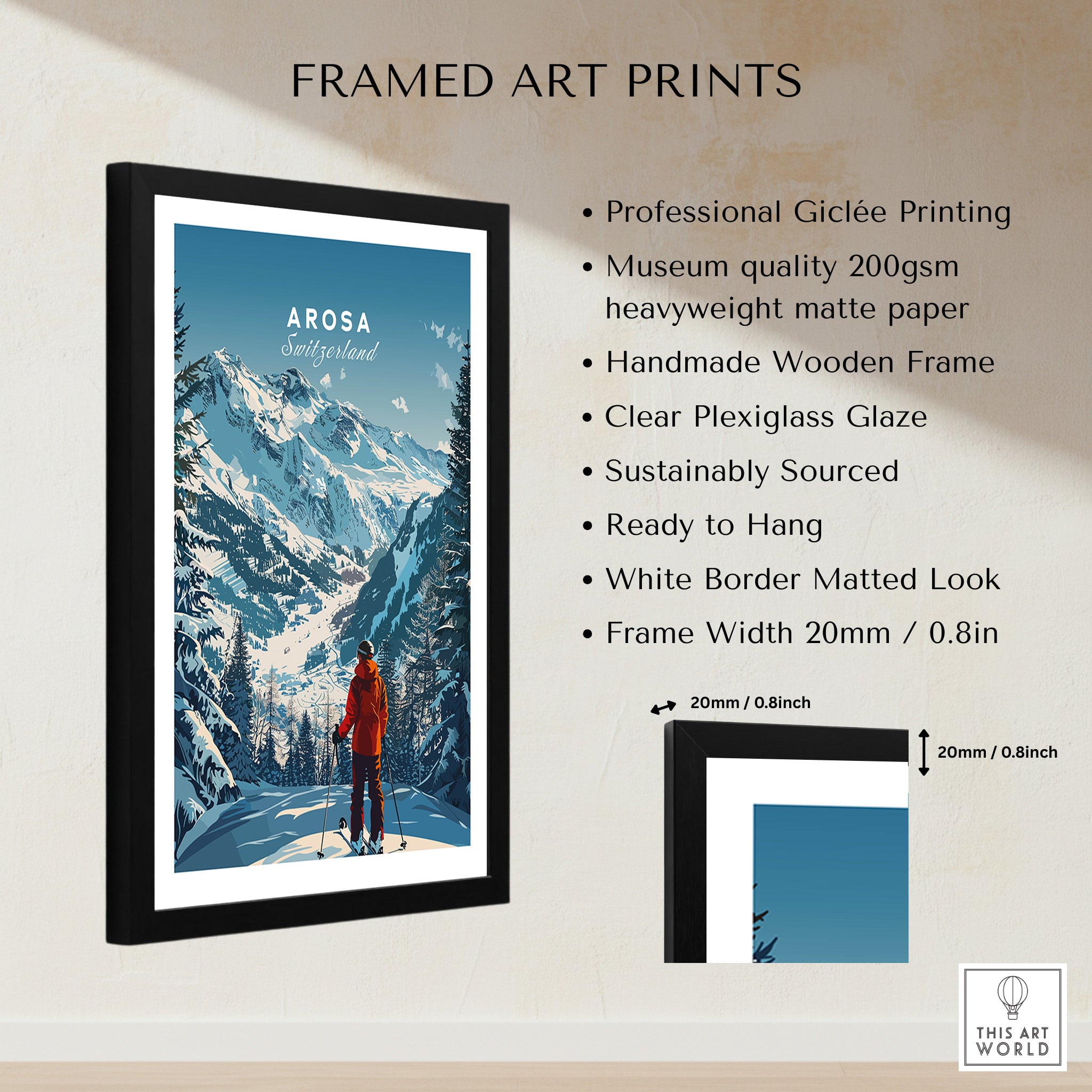 Arosa Travel Poster - Switzerland framed art print showcasing stunning mountain landscapes and vibrant colors.