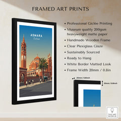 Asmara Travel Poster – Eritrea Cathedral and Bell Tower Art Print framed in a professional wooden frame with plexiglass.
