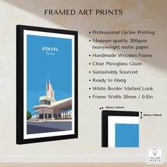 Asmara Travel Poster – Fiat Tagliero Futurist Architecture Art Print in a black frame with details on quality and materials.