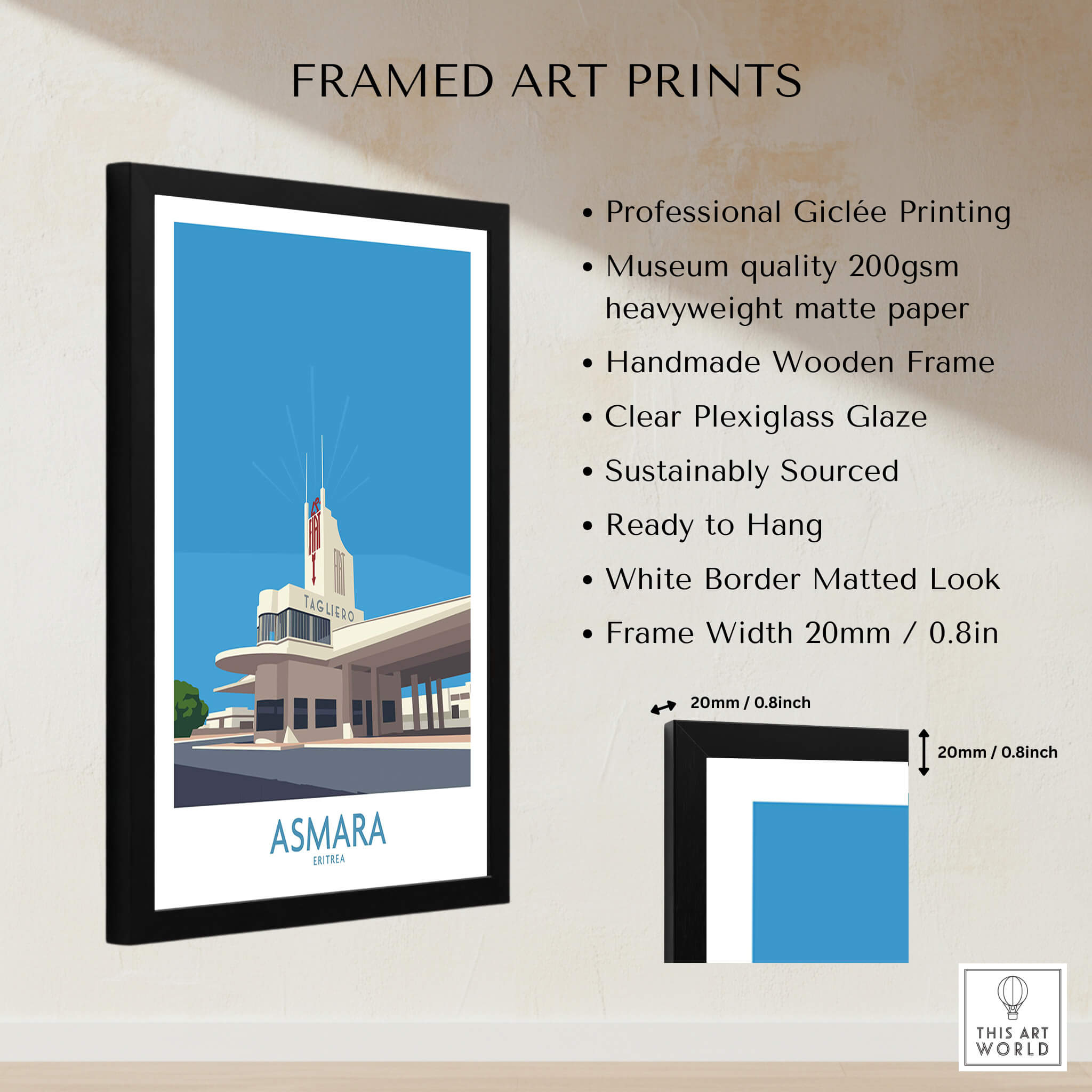Asmara Eritrea Print – Fiat Tagliero Poster displayed in a framed art print with specifications listed.