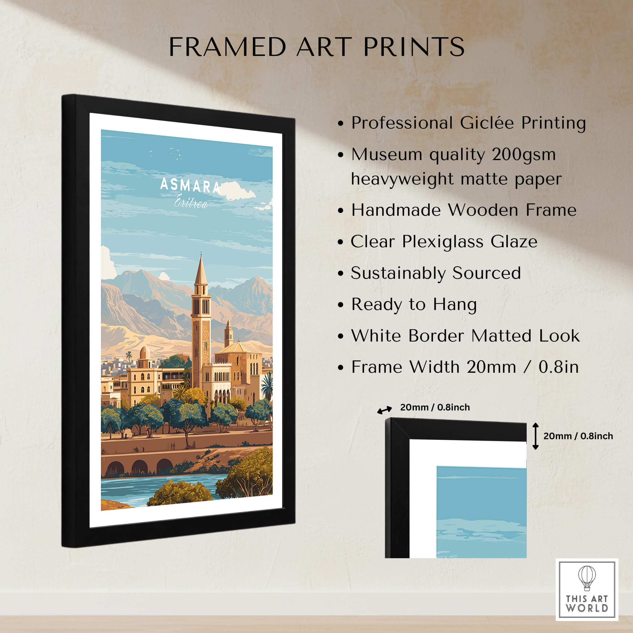 Asmara Travel Poster – Cityscape Skyline and Mountain Landscape Art Print framed with a wooden frame and plexiglass.