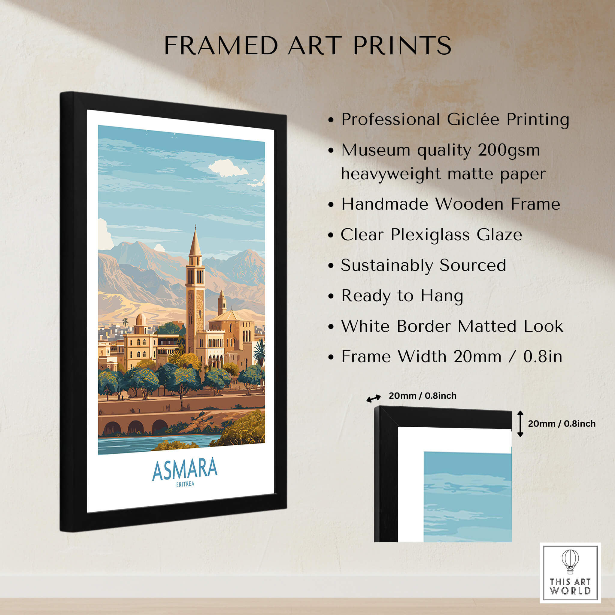 Asmara Eritrea Wall Art – Travel Poster featuring a beautifully framed art print of Asmara's scenic landscape.