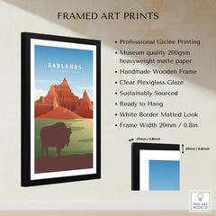 Framed Badlands National Park print with bison, red rock formations and measurement details