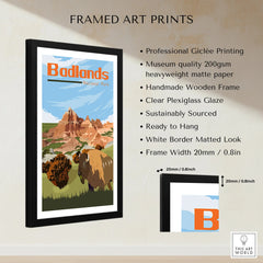 Framed Badlands National Park print with buffalo illustration and product feature list