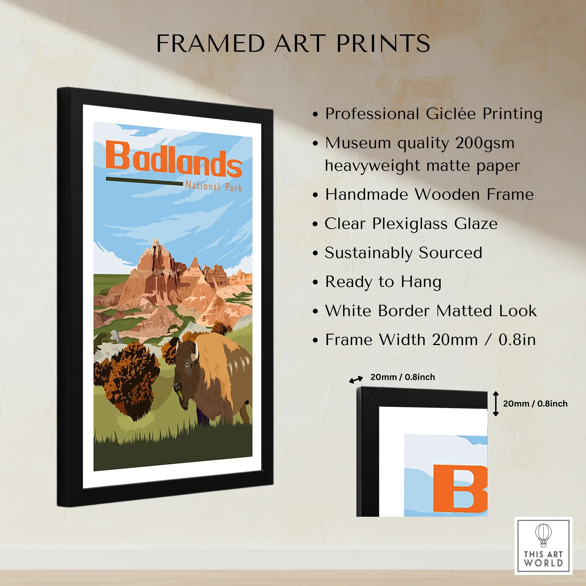Framed Badlands National Park print with buffalo illustration and product feature list