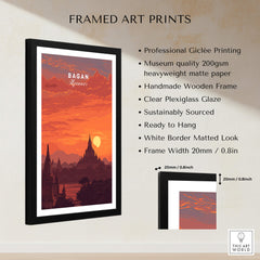 Bagan Travel Poster – Myanmar Ancient Temple Sunset Art framed print with sunset over ancient pagodas.